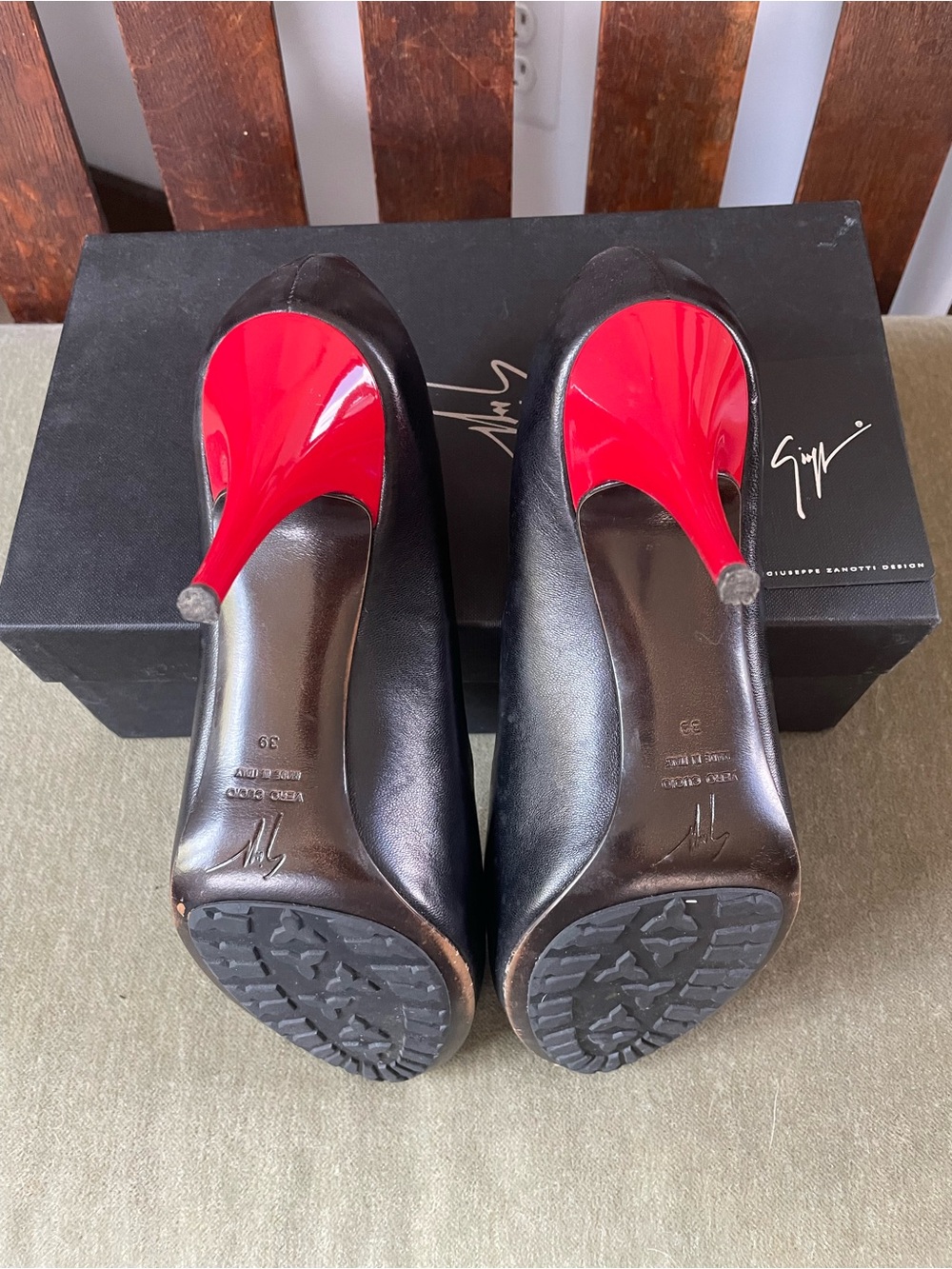 Giuseppe Zanotti Black Leather Pumps with Red Stiletto Heels - Picture 5 of 5